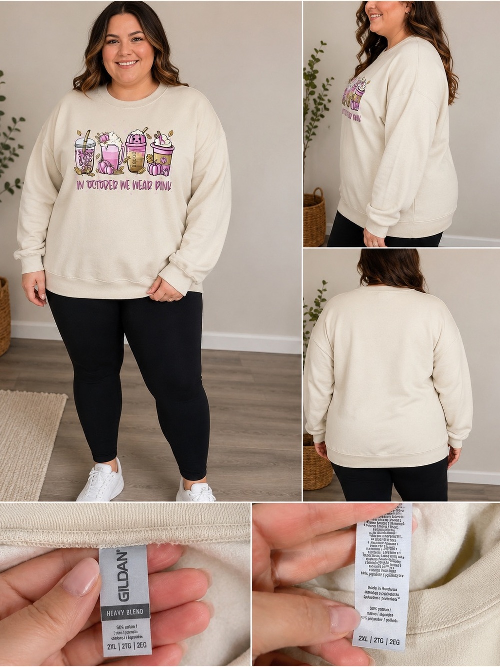 Gildan Cream Sweatshirt with Pink Graphic - 'In October We Wear Pink'